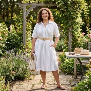 Linen Blend Collared Striped Shirt Dress | Nordstrom Rack Size 2X